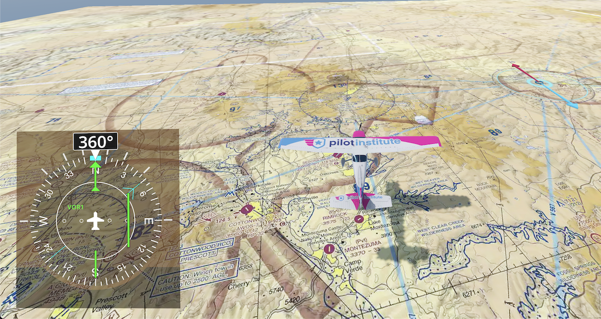VOR Simulator Pro — follow view over a sectional chart with CDI instrument